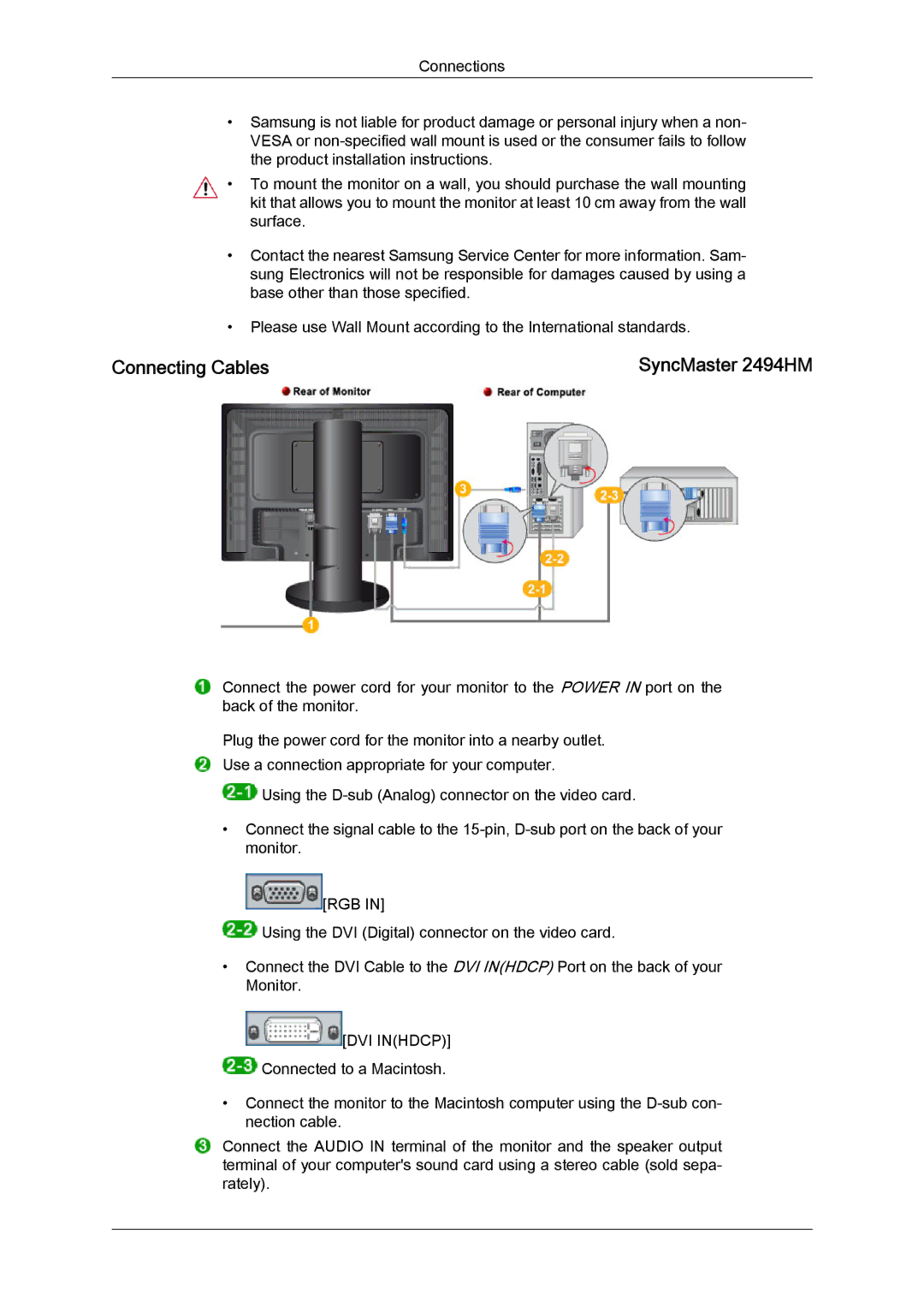 Samsung LS24KIQRBQ/EN, LS24KIQRFV/EDC, LS24KIVKBQ/EDC, LS24KIVKBQ/HS, LS24KIVKBQ/ZN manual Connecting Cables, SyncMaster 2494HM 