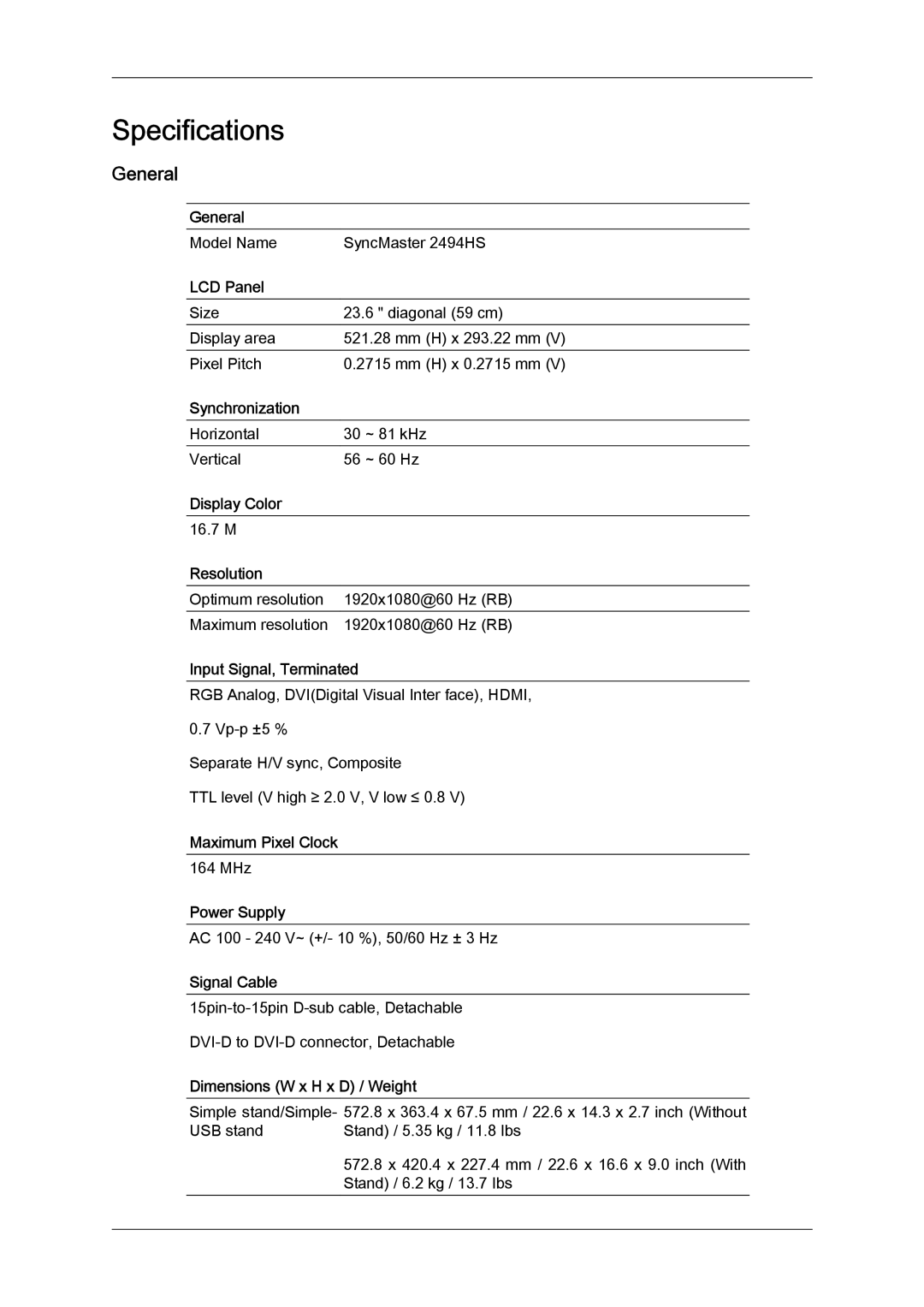 Samsung LS24KIVKBQ/EDC, LS24KIQRFV/EDC, LS24KIQRBQ/EN, LS24KIVKBQ/HS, LS24KIVKBQ/ZN, LS24KIVKBQ/XAA Specifications, General 