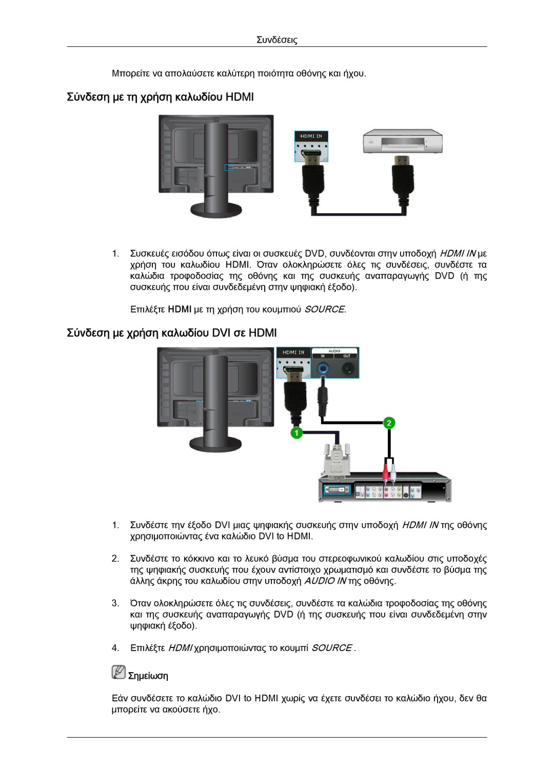 Samsung LS24KIVKBQ/EDC, LS24KIQRFV/EDC manual Σύνδεση με τη χρήση καλωδίου Hdmi, Σύνδεση με χρήση καλωδίου DVI σε Hdmi 