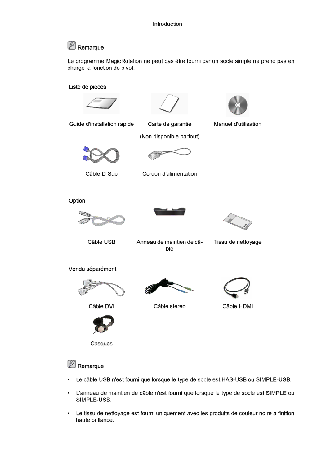 Samsung LS24KIQRFV/EDC, LS24KIQRBQ/EN, LS24KIVKBQ/EDC manual Câble USB Anneau de maintien de câ Tissu de nettoyage Ble 