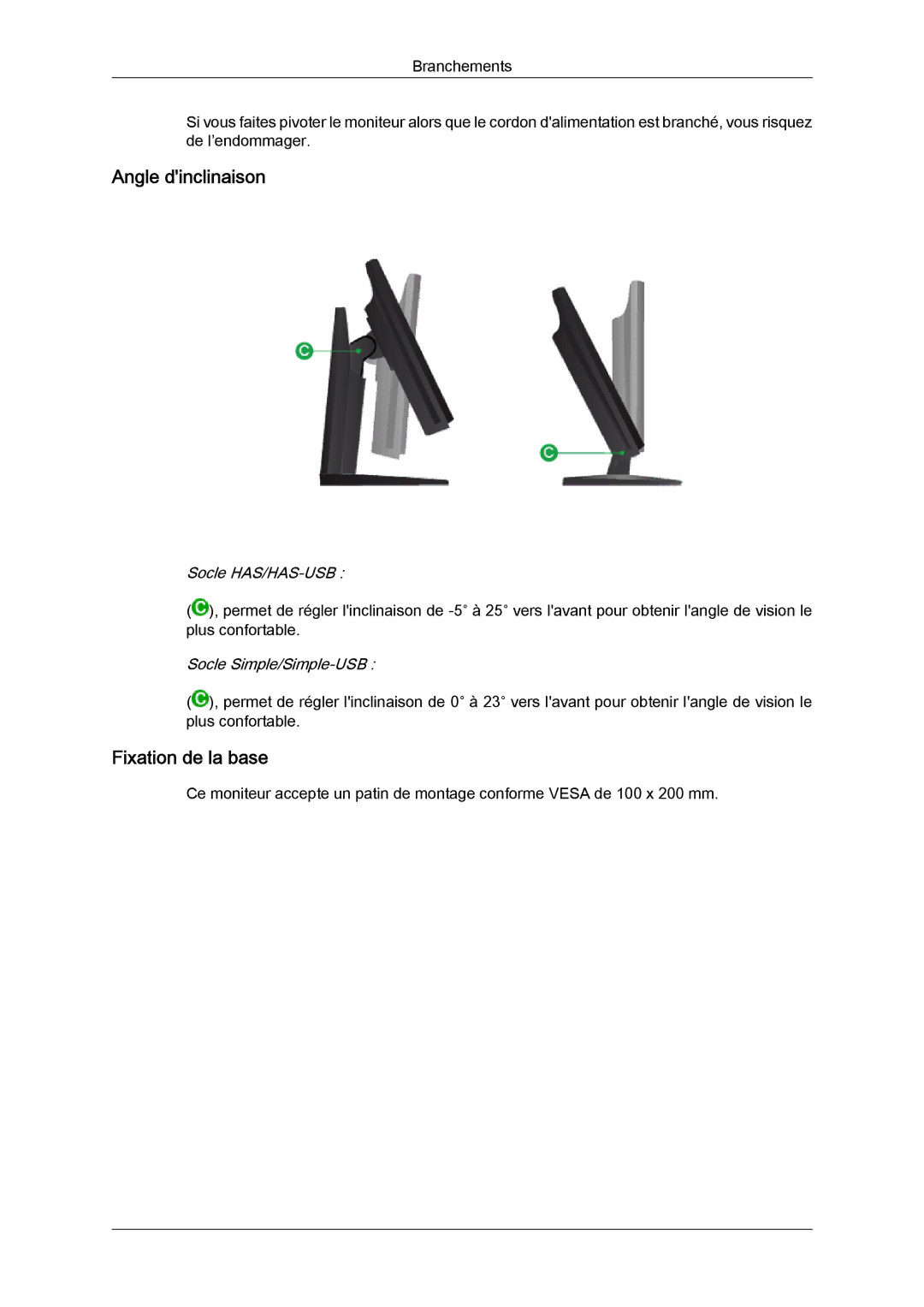 Samsung LS24KIVKBQ/EDC, LS24KIQRFV/EDC, LS24KIQRBQ/EN manual Angle dinclinaison, Fixation de la base 