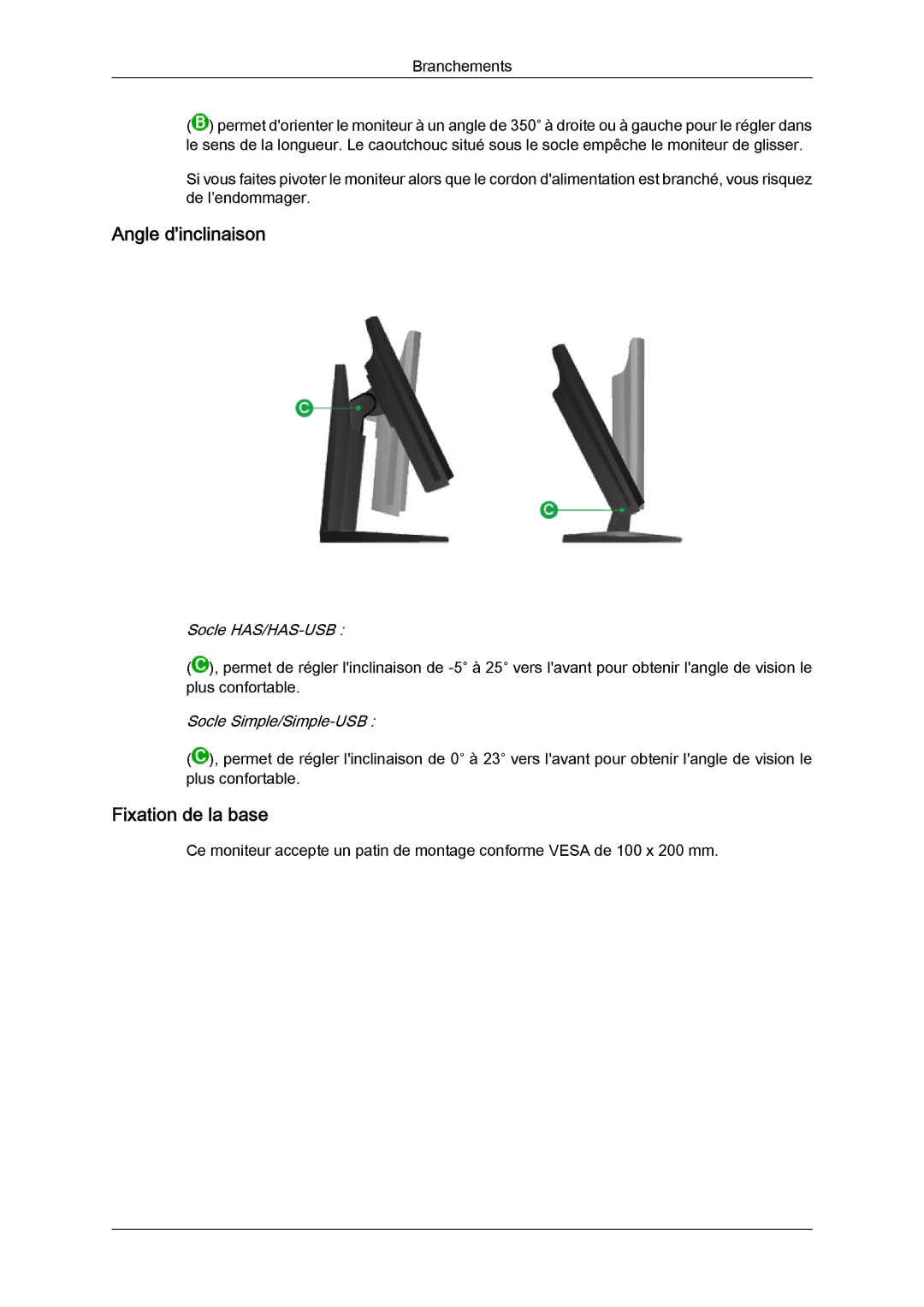 Samsung LS24KIQRFV/EDC, LS24KIQRBQ/EN, LS24KIVKBQ/EDC manual Angle dinclinaison 