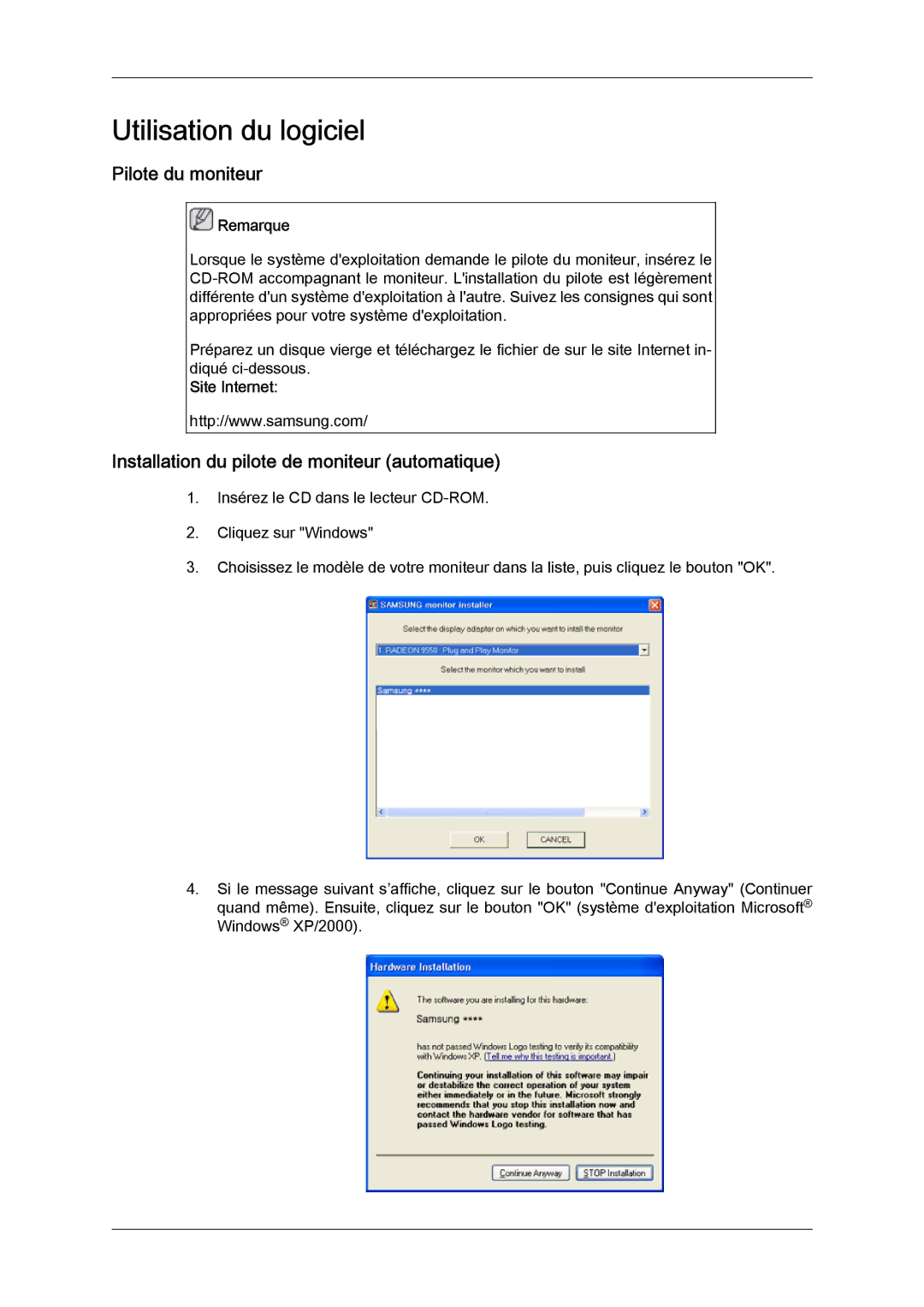 Samsung LS24KIQRFV/EDC manual Utilisation du logiciel, Pilote du moniteur, Installation du pilote de moniteur automatique 