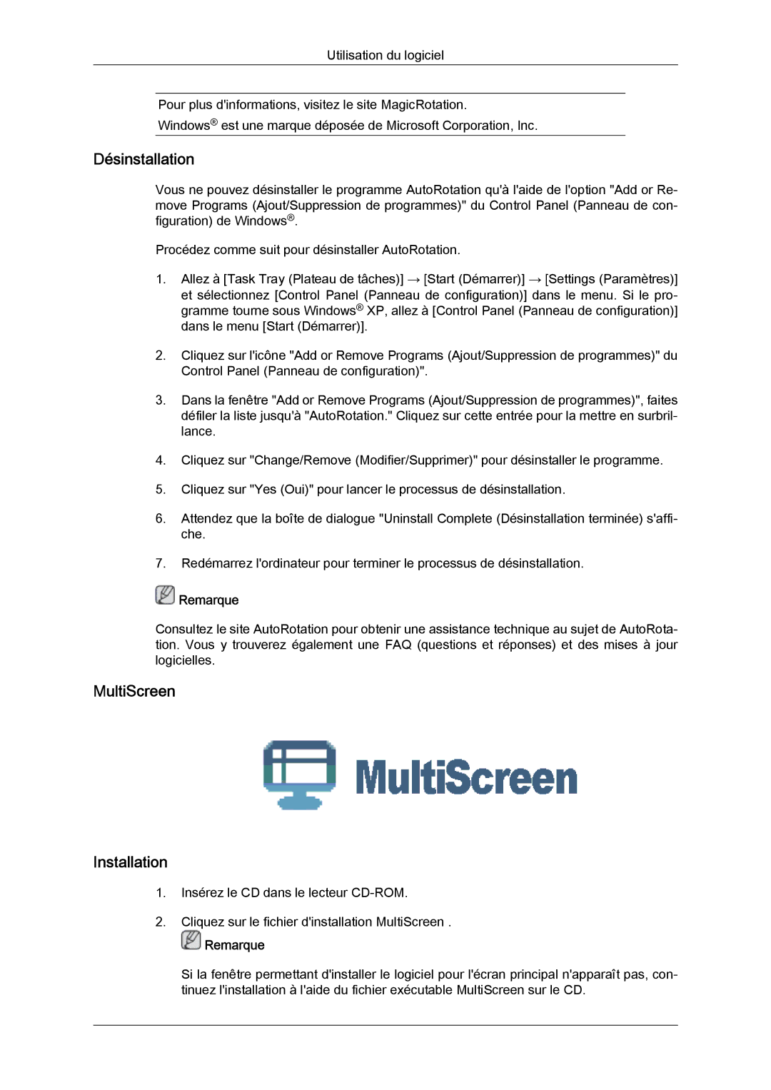 Samsung LS24KIQRFV/EDC, LS24KIQRBQ/EN, LS24KIVKBQ/EDC manual Désinstallation, MultiScreen Installation 