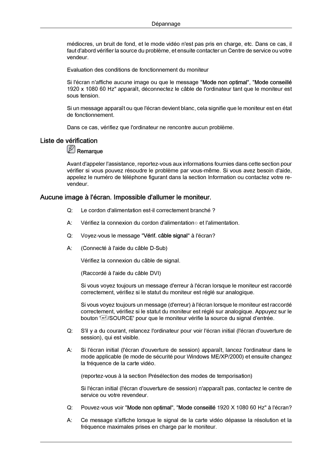 Samsung LS24KIQRFV/EDC, LS24KIQRBQ/EN manual Liste de vérification, Aucune image à lécran. Impossible dallumer le moniteur 