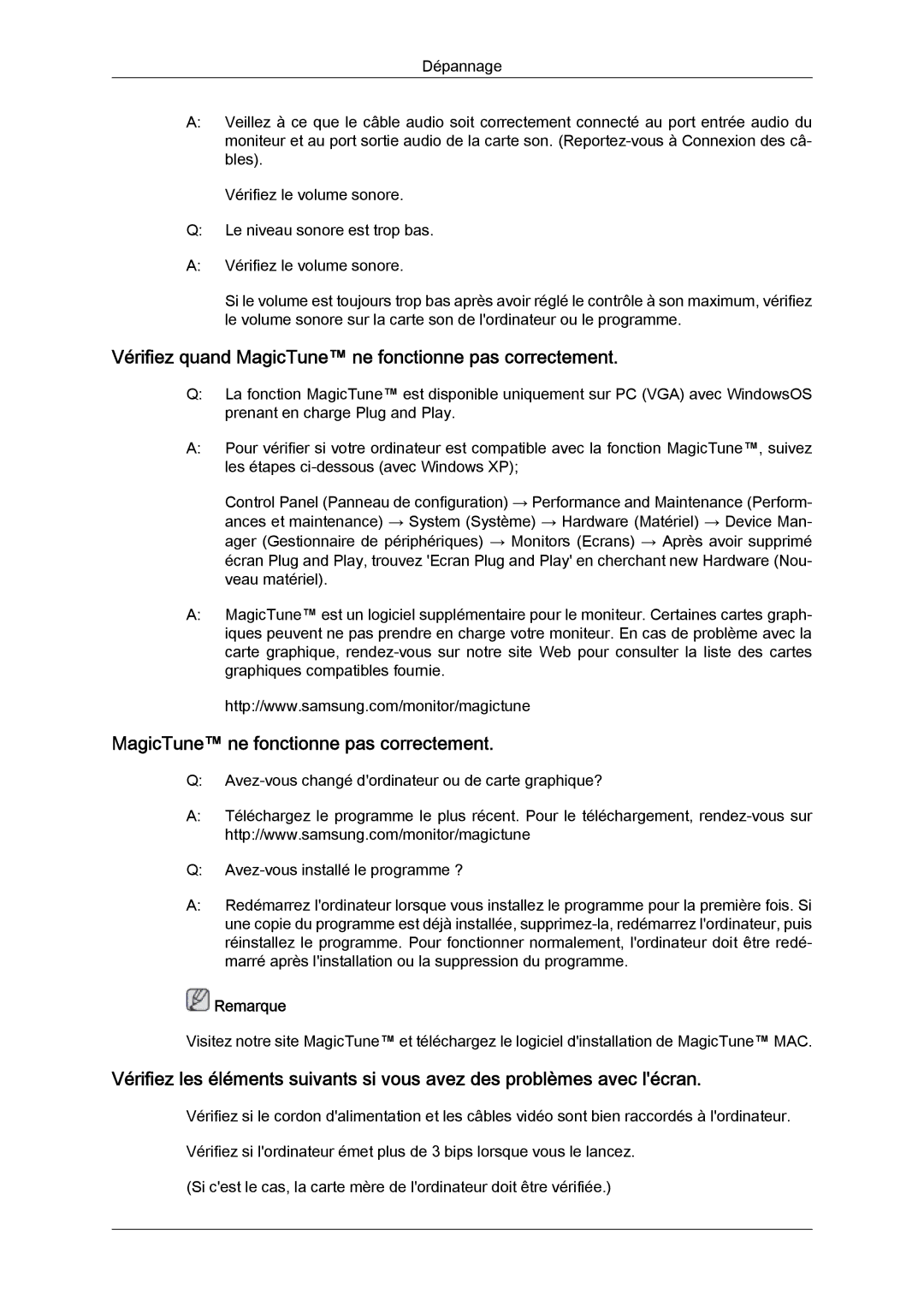 Samsung LS24KIQRFV/EDC, LS24KIQRBQ/EN, LS24KIVKBQ/EDC manual Vérifiez quand MagicTune ne fonctionne pas correctement 