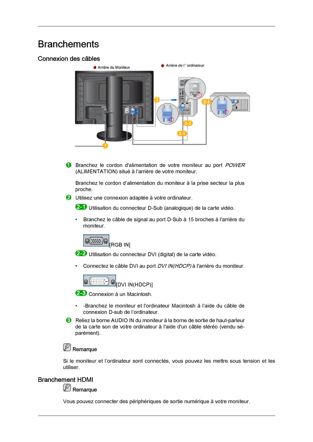 Samsung LS24KIQRFV/EDC, LS24KIQRBQ/EN, LS24KIVKBQ/EDC manual Connexion des câbles, Branchement Hdmi 