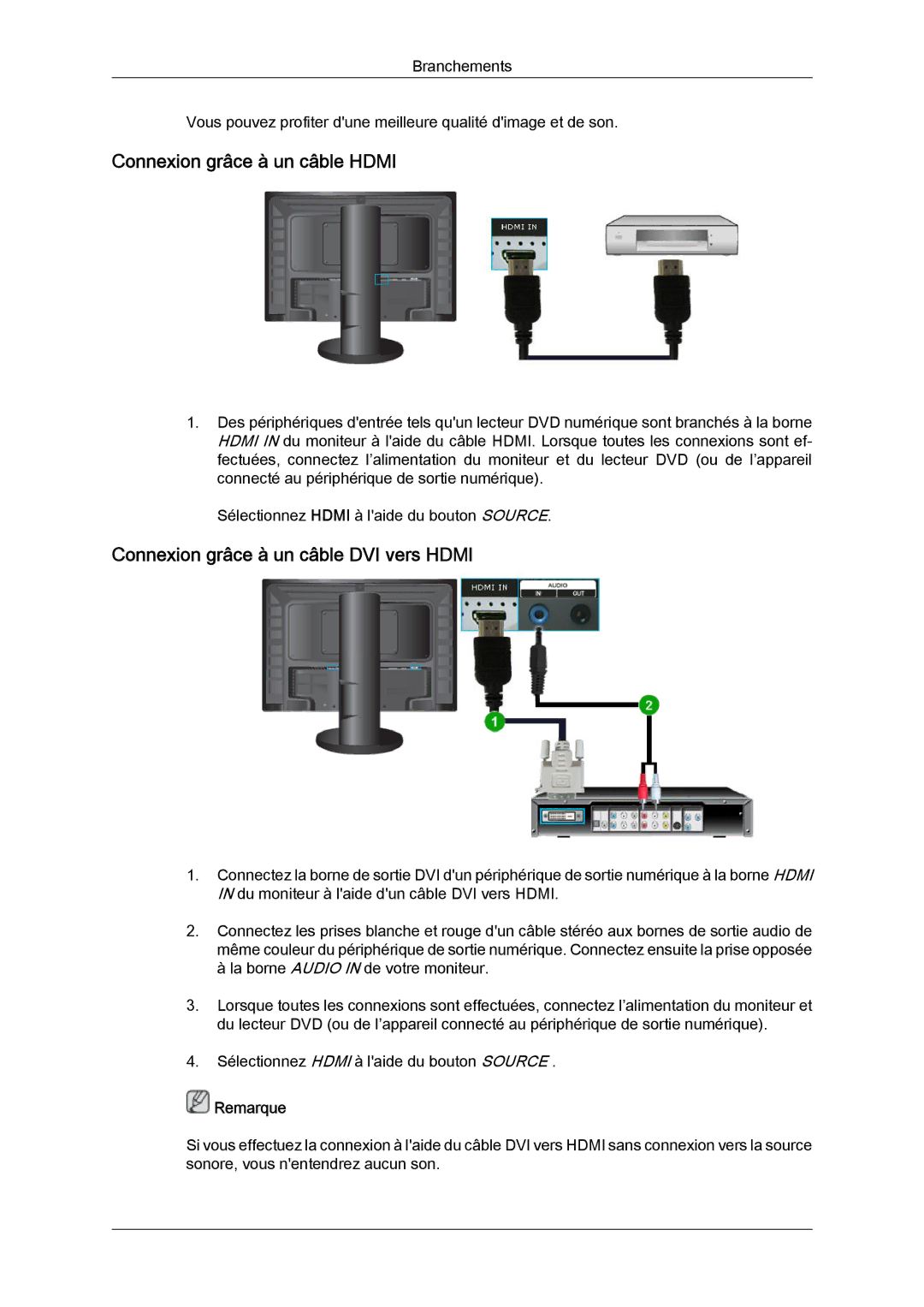 Samsung LS24KIQRBQ/EN, LS24KIQRFV/EDC manual Connexion grâce à un câble Hdmi, Connexion grâce à un câble DVI vers Hdmi 