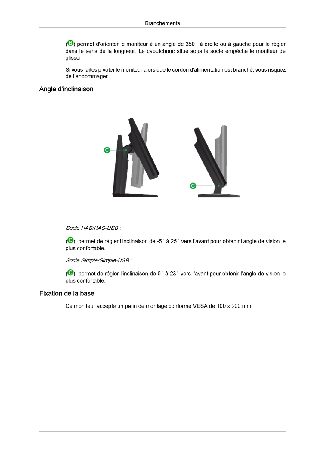 Samsung LS24KIVKBQ/EDC, LS24KIQRFV/EDC, LS24KIQRBQ/EN manual Angle dinclinaison, Fixation de la base 