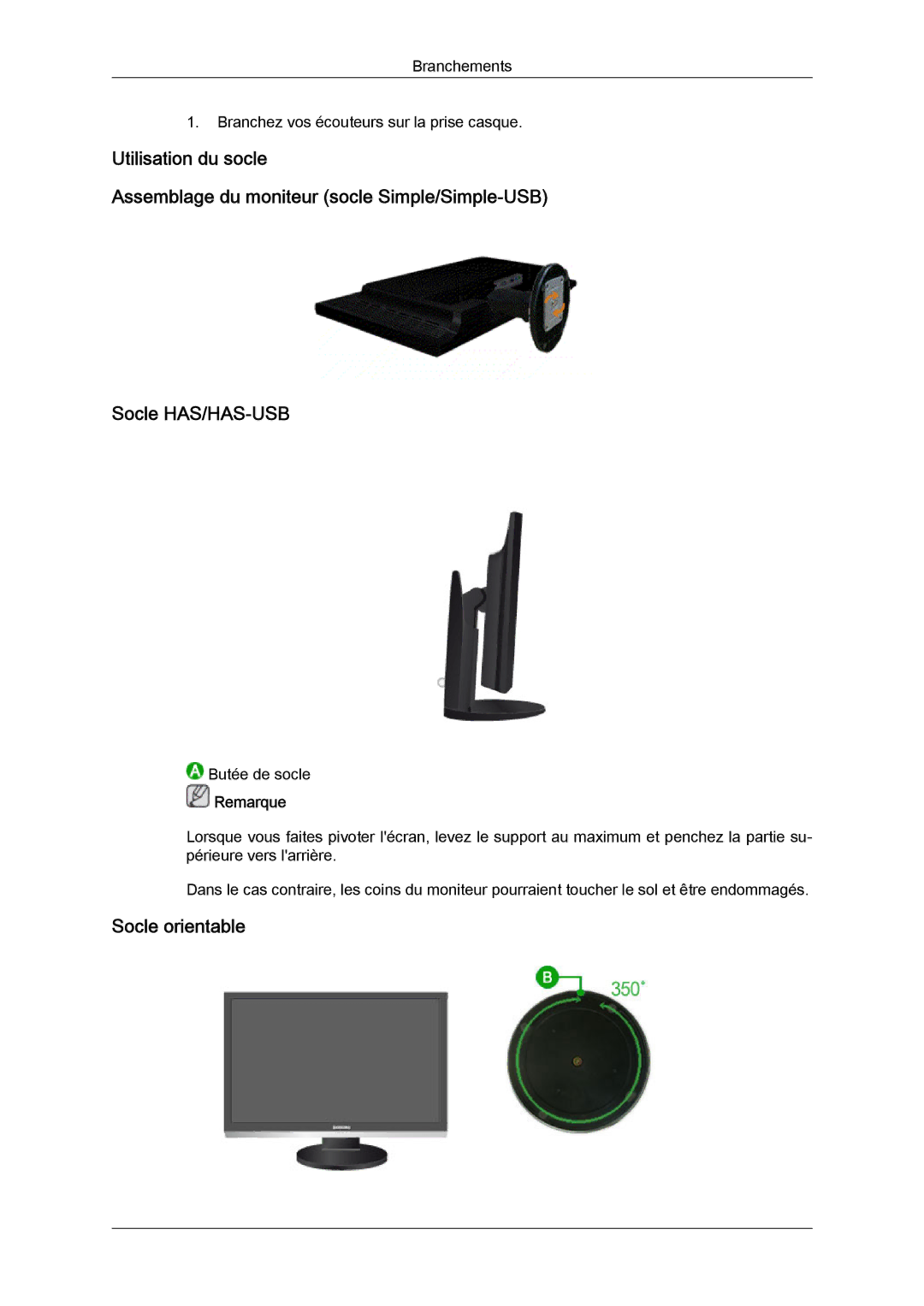 Samsung LS24KIVKBQ/EDC, LS24KIQRFV/EDC, LS24KIQRBQ/EN manual Branchements Branchez vos écouteurs sur la prise casque 