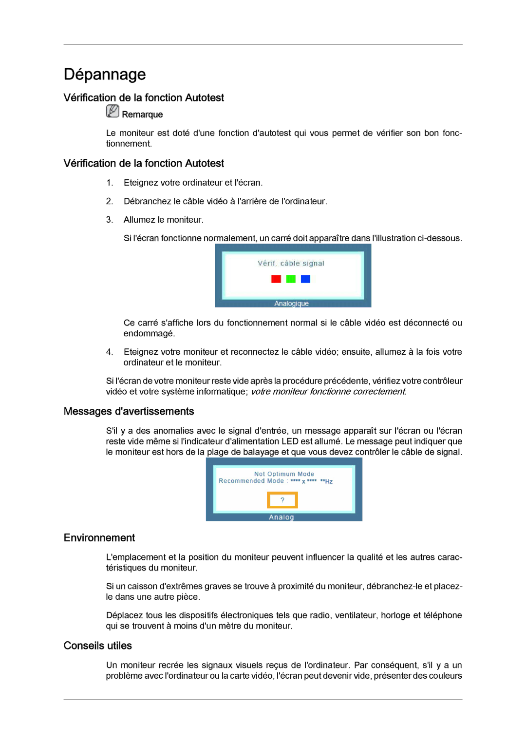 Samsung LS24KIQRFV/EDC Vérification de la fonction Autotest, Messages davertissements, Environnement, Conseils utiles 