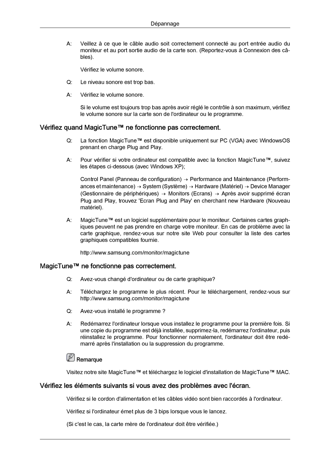 Samsung LS24KIQRBQ/EN, LS24KIQRFV/EDC, LS24KIVKBQ/EDC manual Vérifiez quand MagicTune ne fonctionne pas correctement 