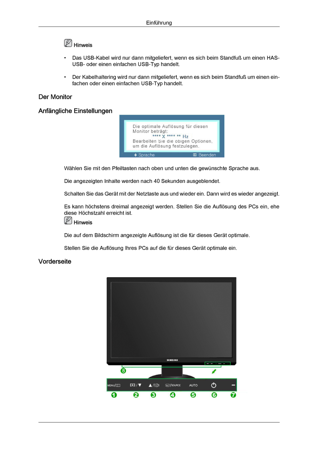 Samsung LS24KIQRFV/EDC, LS24KIQRBQ/EN, LS24KIVKBQ/EDC manual Der Monitor Anfängliche Einstellungen, Vorderseite 