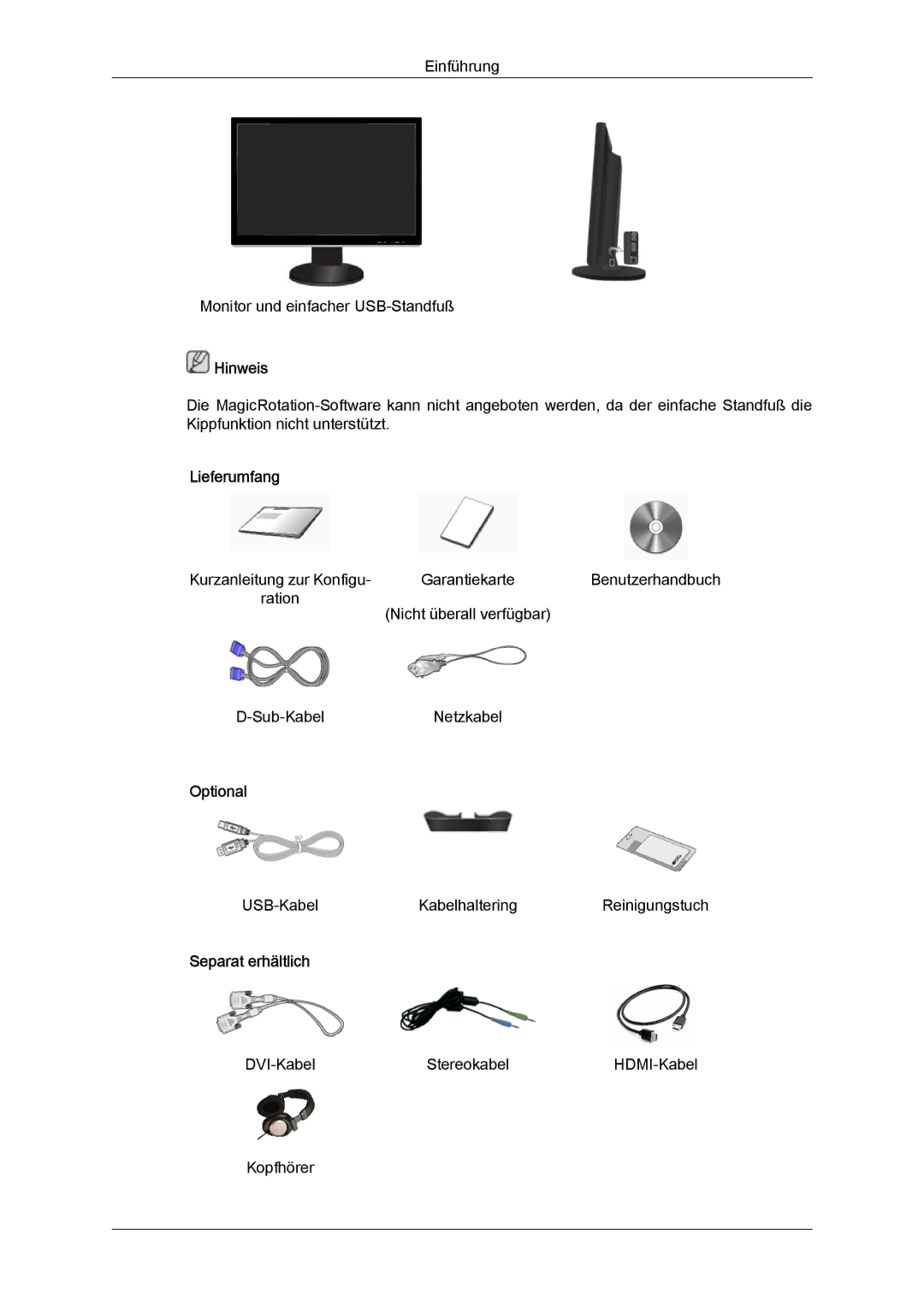 Samsung LS24KIQRFV/EDC, LS24KIQRBQ/EN, LS24KIVKBQ/EDC manual USB-KabelKabelhalteringReinigungstuch 