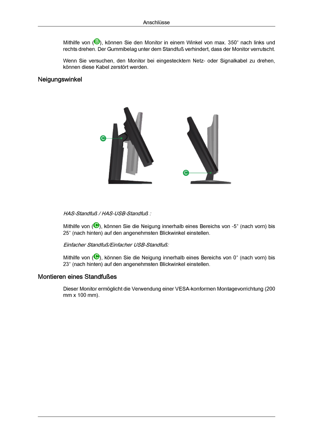 Samsung LS24KIVKBQ/EDC, LS24KIQRFV/EDC, LS24KIQRBQ/EN manual Neigungswinkel, Montieren eines Standfußes 