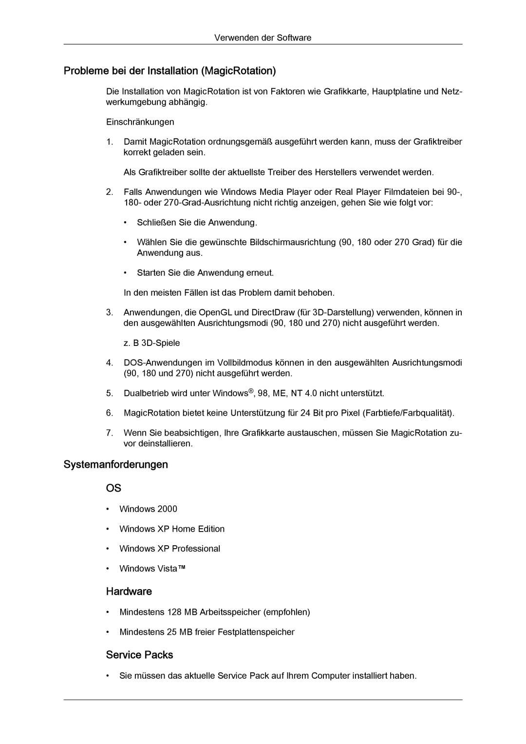 Samsung LS24KIVKBQ/EDC, LS24KIQRFV/EDC, LS24KIQRBQ/EN manual Probleme bei der Installation MagicRotation, Service Packs 