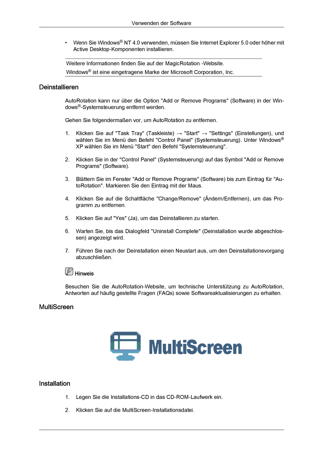 Samsung LS24KIQRFV/EDC, LS24KIQRBQ/EN, LS24KIVKBQ/EDC manual Deinstallieren, MultiScreen Installation 