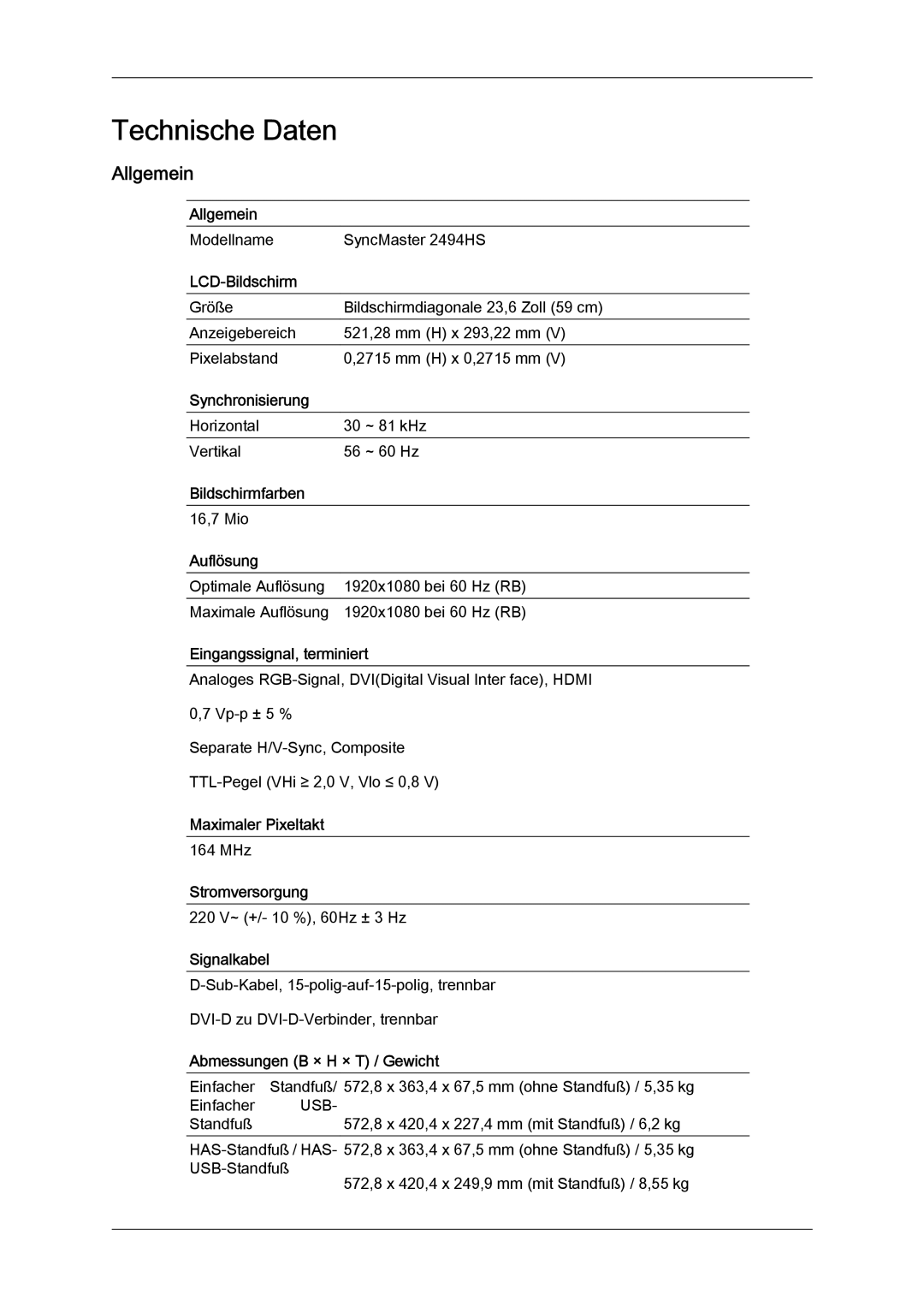 Samsung LS24KIQRBQ/EN, LS24KIQRFV/EDC, LS24KIVKBQ/EDC manual Technische Daten, Allgemein 