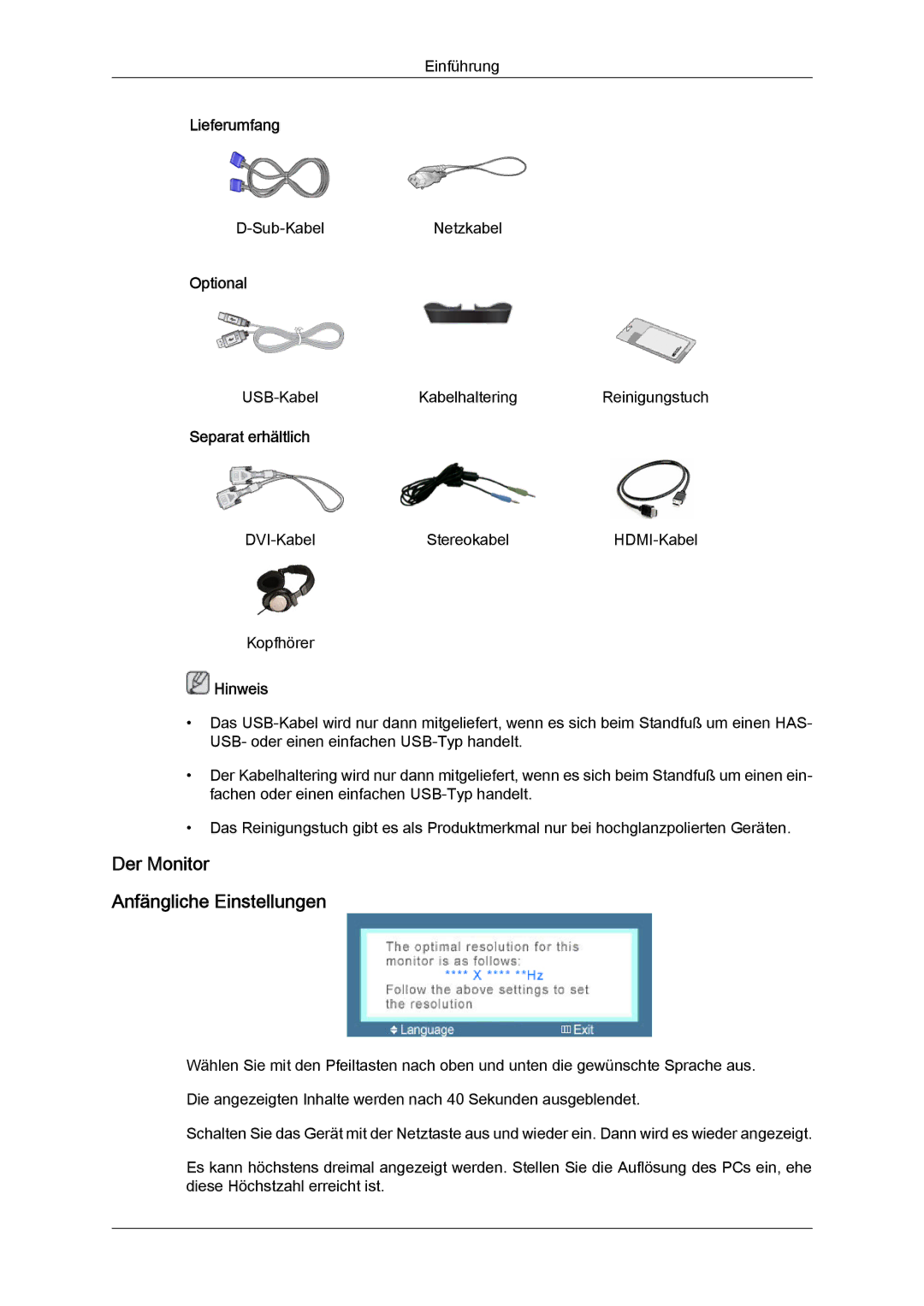 Samsung LS24KIQRBQ/EN, LS24KIQRFV/EDC, LS24KIVKBQ/EDC manual USB-KabelKabelhalteringReinigungstuch 