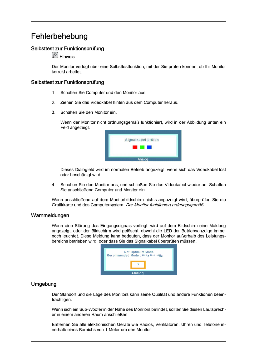 Samsung LS24KIQRBQ/EN, LS24KIQRFV/EDC, LS24KIVKBQ/EDC manual Selbsttest zur Funktionsprüfung, Warnmeldungen, Umgebung 