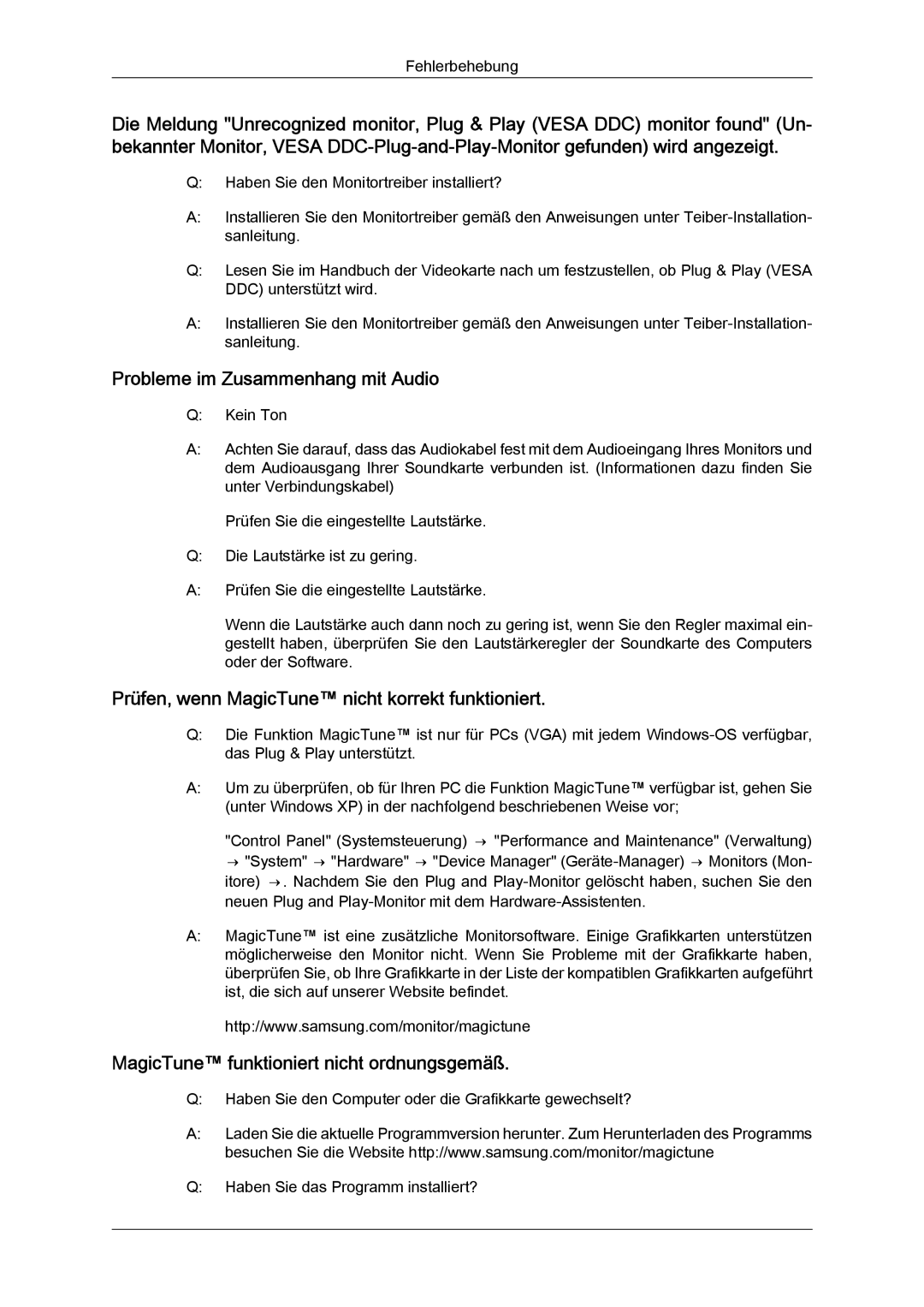 Samsung LS24KIVKBQ/EDC manual Probleme im Zusammenhang mit Audio, Prüfen, wenn MagicTune nicht korrekt funktioniert 