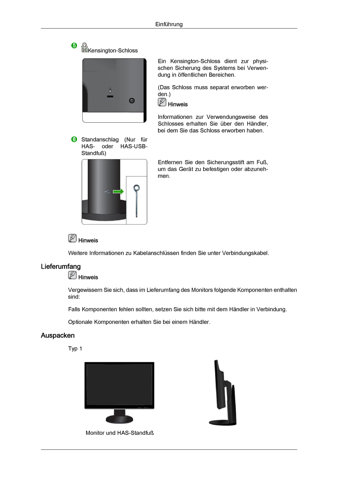 Samsung LS24KIVKBQ/EDC, LS24KIQRFV/EDC, LS24KIQRBQ/EN manual Typ Monitor und HAS-Standfuß 