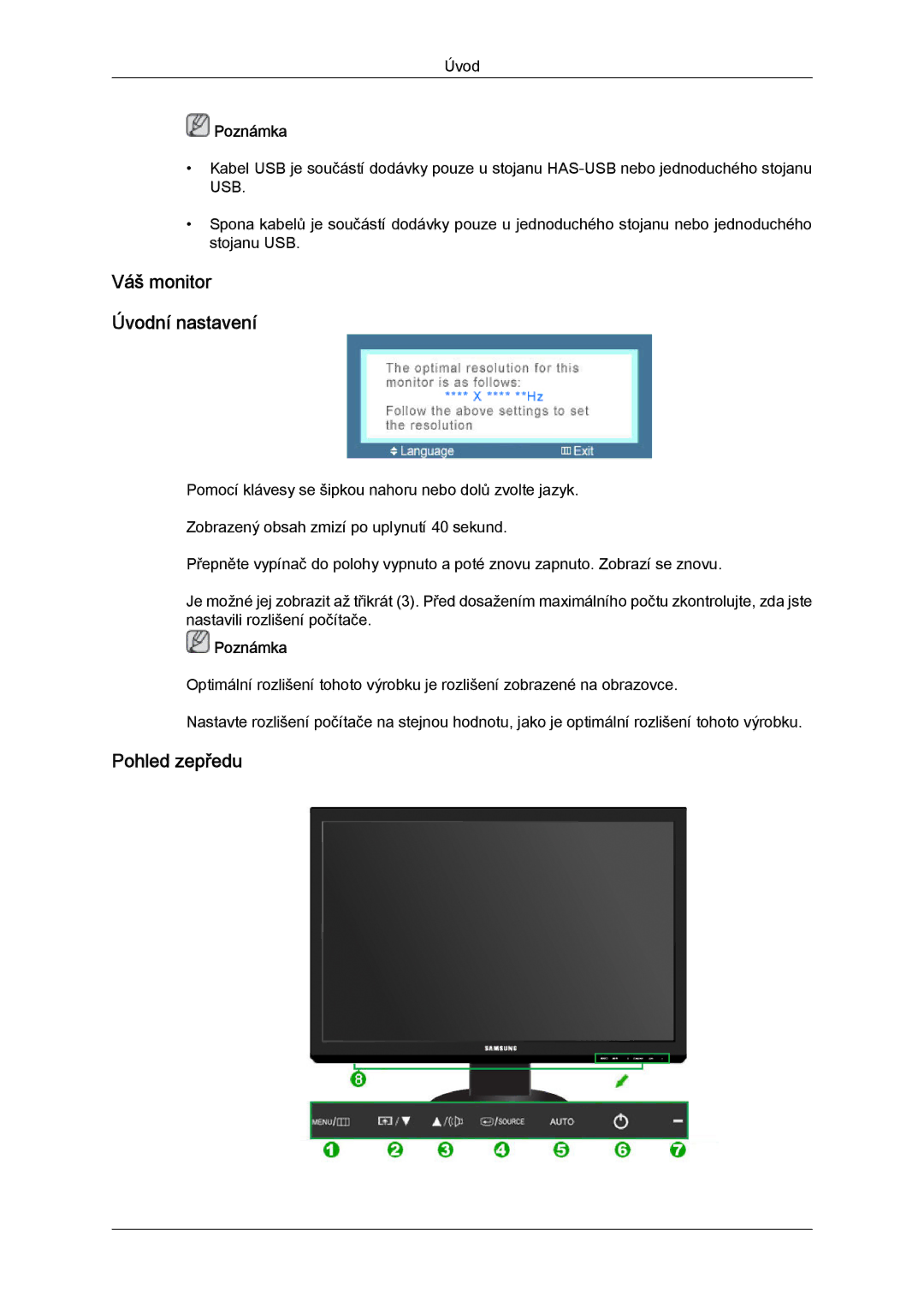 Samsung LS24KIQRFV/EDC, LS24KIQRBQ/EN, LS24KIVKBQ/EDC manual Pohled zepředu, Váš monitor Úvodní nastavení 