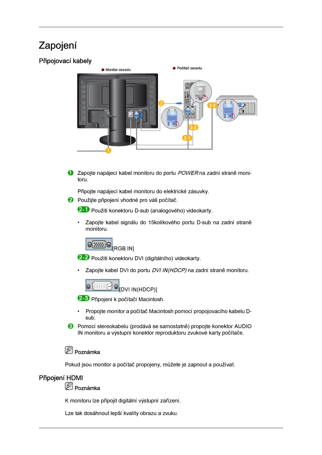 Samsung LS24KIQRFV/EDC, LS24KIQRBQ/EN, LS24KIVKBQ/EDC manual Zapojení, Připojovací kabely, Připojení Hdmi 