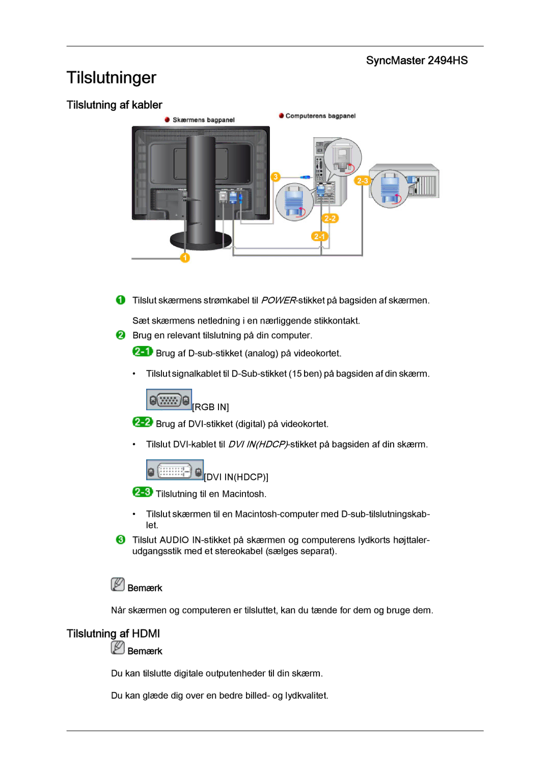 Samsung LS24KIQRFV/EDC, LS24KIQRBQ/EN, LS24KIVKBQ/EDC manual Tilslutninger, Tilslutning af kabler, Tilslutning af Hdmi 