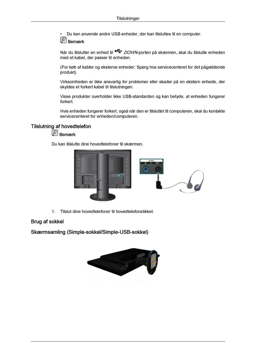 Samsung LS24KIQRFV/EDC manual Tilslutning af hovedtelefon, Brug af sokkel Skærmsamling Simple-sokkel/Simple-USB-sokkel 