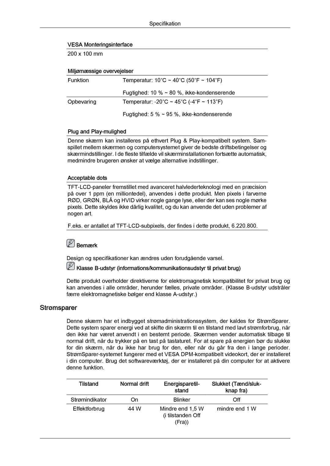 Samsung LS24KIQRFV/EDC, LS24KIQRBQ/EN, LS24KIVKBQ/EDC manual Strømsparer, Miljømæssige overvejelser 