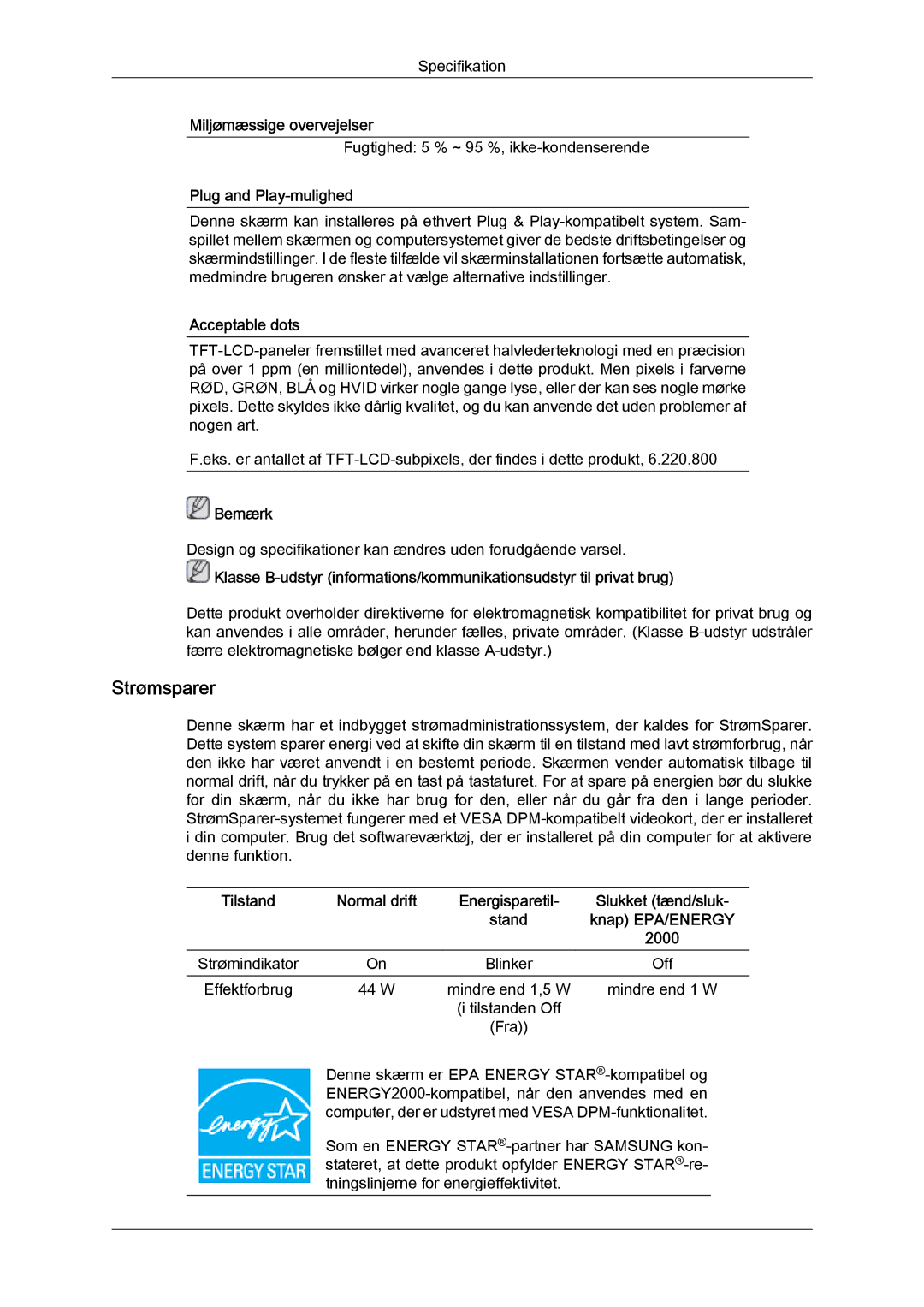 Samsung LS24KIQRFV/EDC, LS24KIQRBQ/EN, LS24KIVKBQ/EDC manual Strømsparer 