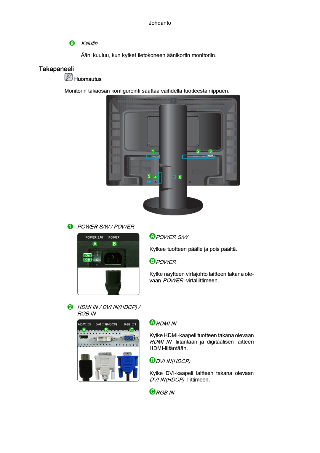 Samsung LS24KIVKBQ/EDC, LS24KIQRFV/EDC, LS24KIQRBQ/EN manual Takapaneeli, Hdmi in / DVI Inhdcp RGB 