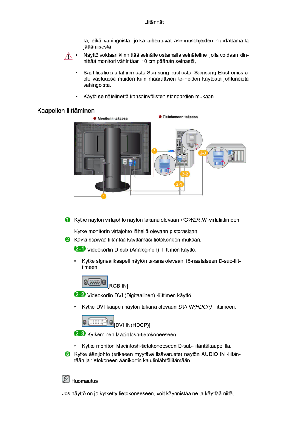 Samsung LS24KIQRBQ/EN, LS24KIQRFV/EDC, LS24KIVKBQ/EDC manual Kaapelien liittäminen 