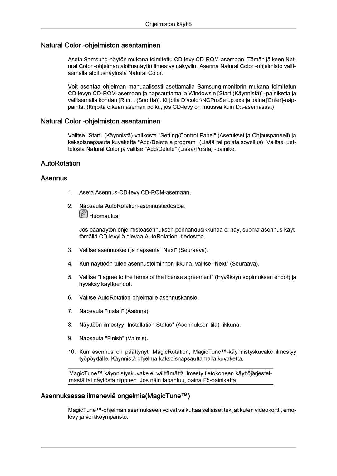 Samsung LS24KIQRFV/EDC, LS24KIQRBQ/EN, LS24KIVKBQ/EDC manual Natural Color -ohjelmiston asentaminen, AutoRotation Asennus 
