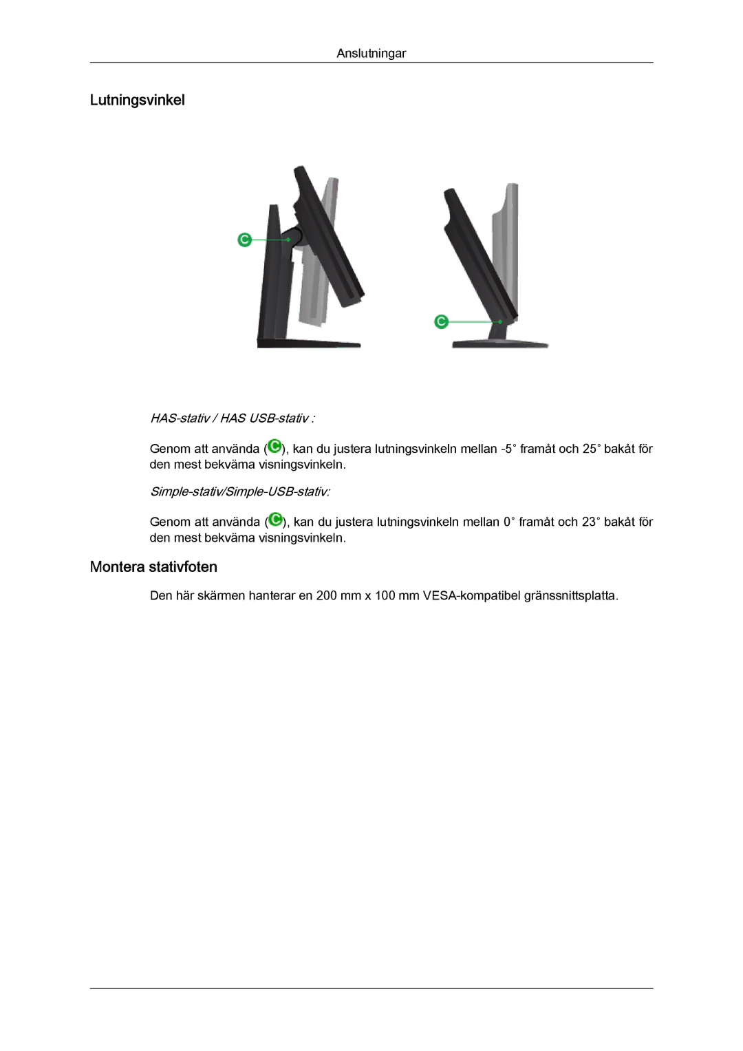 Samsung LS24KIVKBQ/EDC, LS24KIQRFV/EDC, LS24KIQRBQ/EN manual Lutningsvinkel, Montera stativfoten 