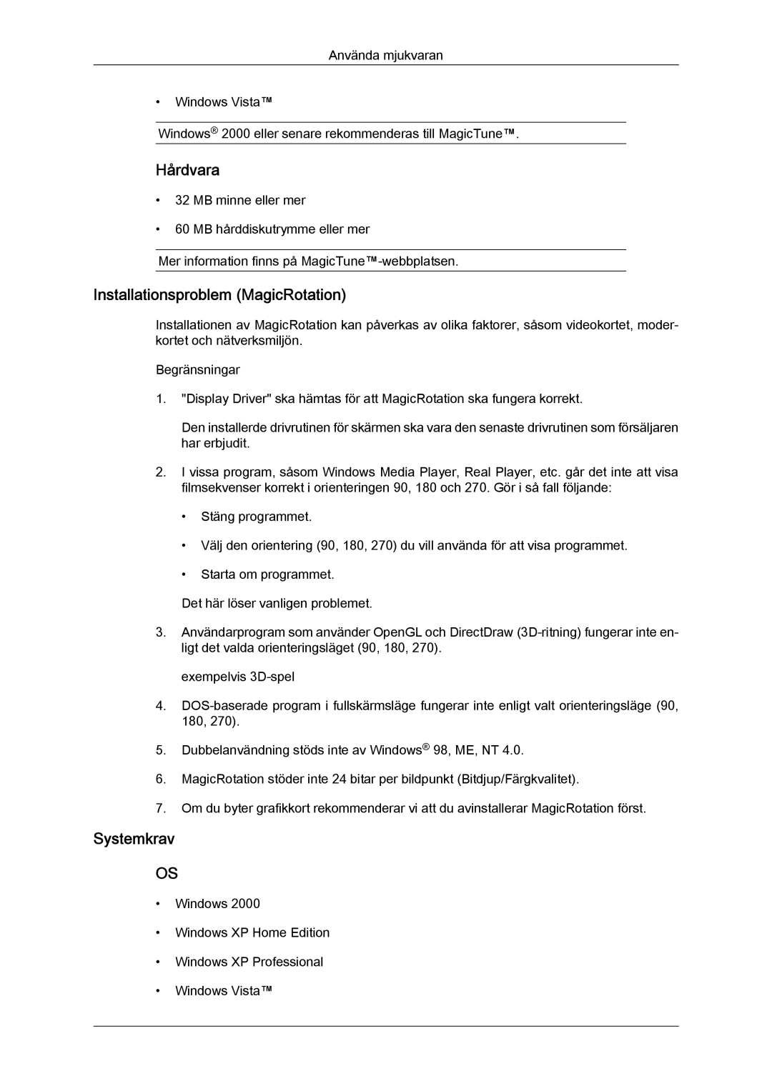 Samsung LS24KIQRBQ/EN, LS24KIQRFV/EDC, LS24KIVKBQ/EDC manual Hårdvara, Installationsproblem MagicRotation 