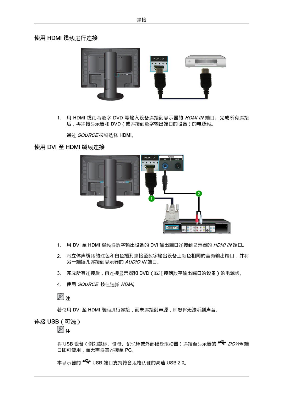 Samsung LS24KIQRBQ/EN, LS24KIQRFV/EDC, LS24KIVKBQ/EDC manual 使用 Hdmi 缆线进行连接, 使用 DVI 至 Hdmi 缆线连接, 连接 Usb（可选） 