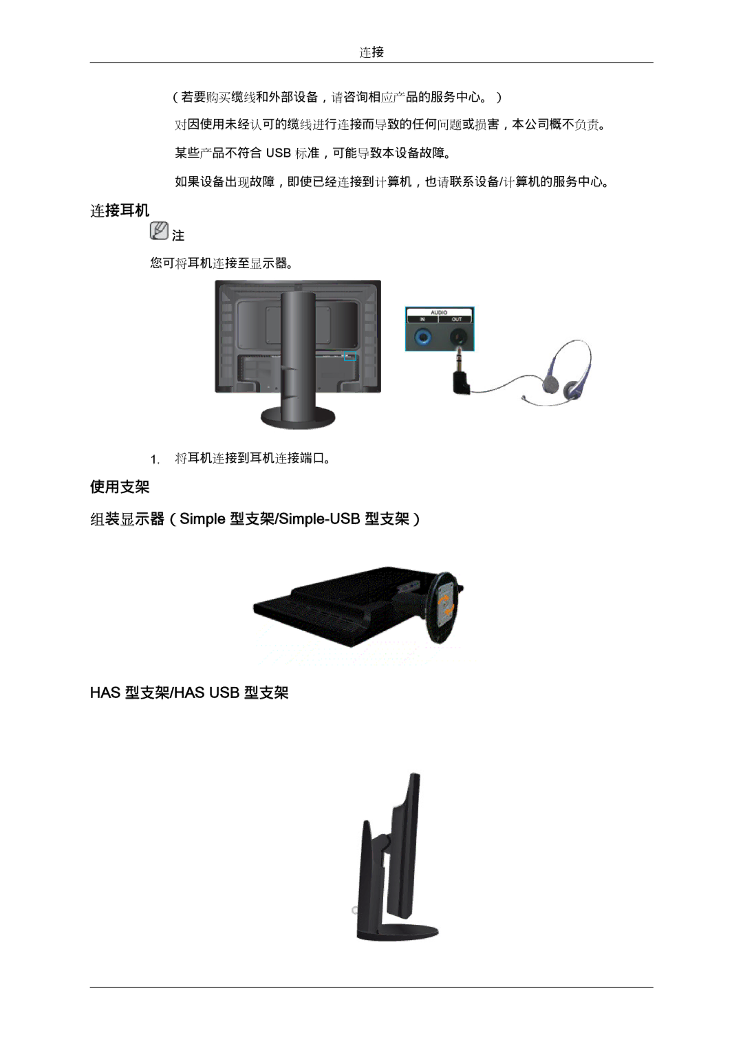 Samsung LS24KIQRFV/EDC, LS24KIQRBQ/EN, LS24KIVKBQ/EDC manual 连接耳机, 使用支架 