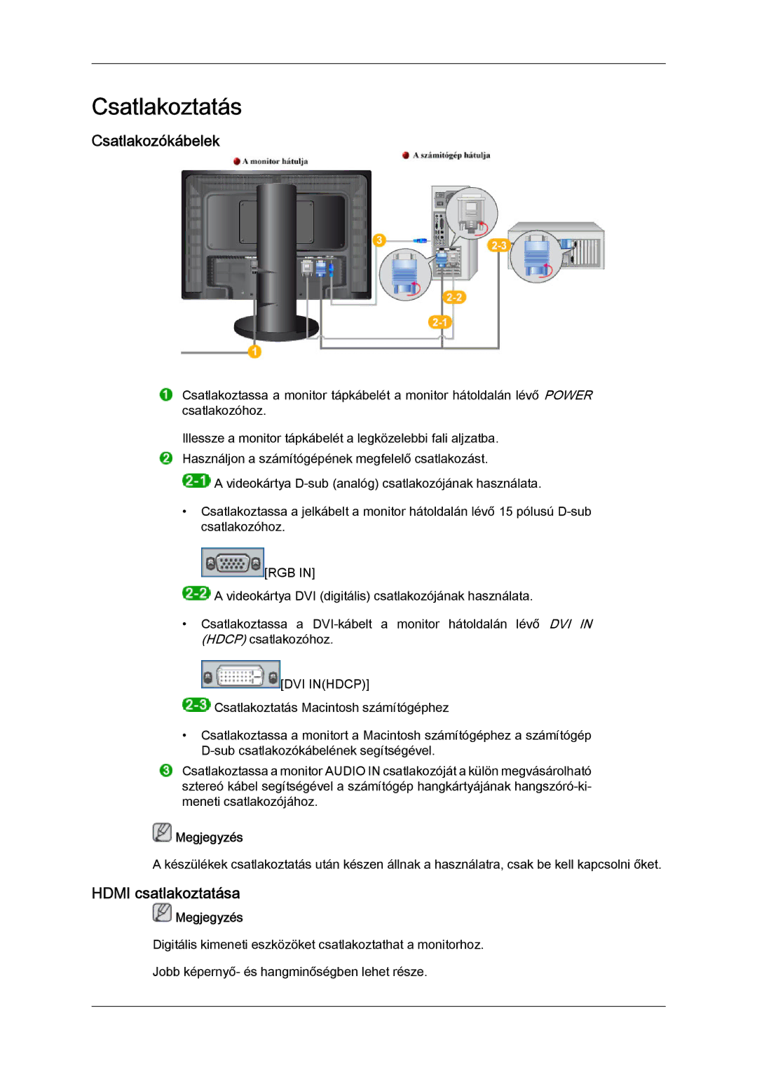 Samsung LS24KIQRFV/EDC, LS24KIQRBQ/EN, LS24KIVKBQ/EDC manual Csatlakozókábelek, Hdmi csatlakoztatása 