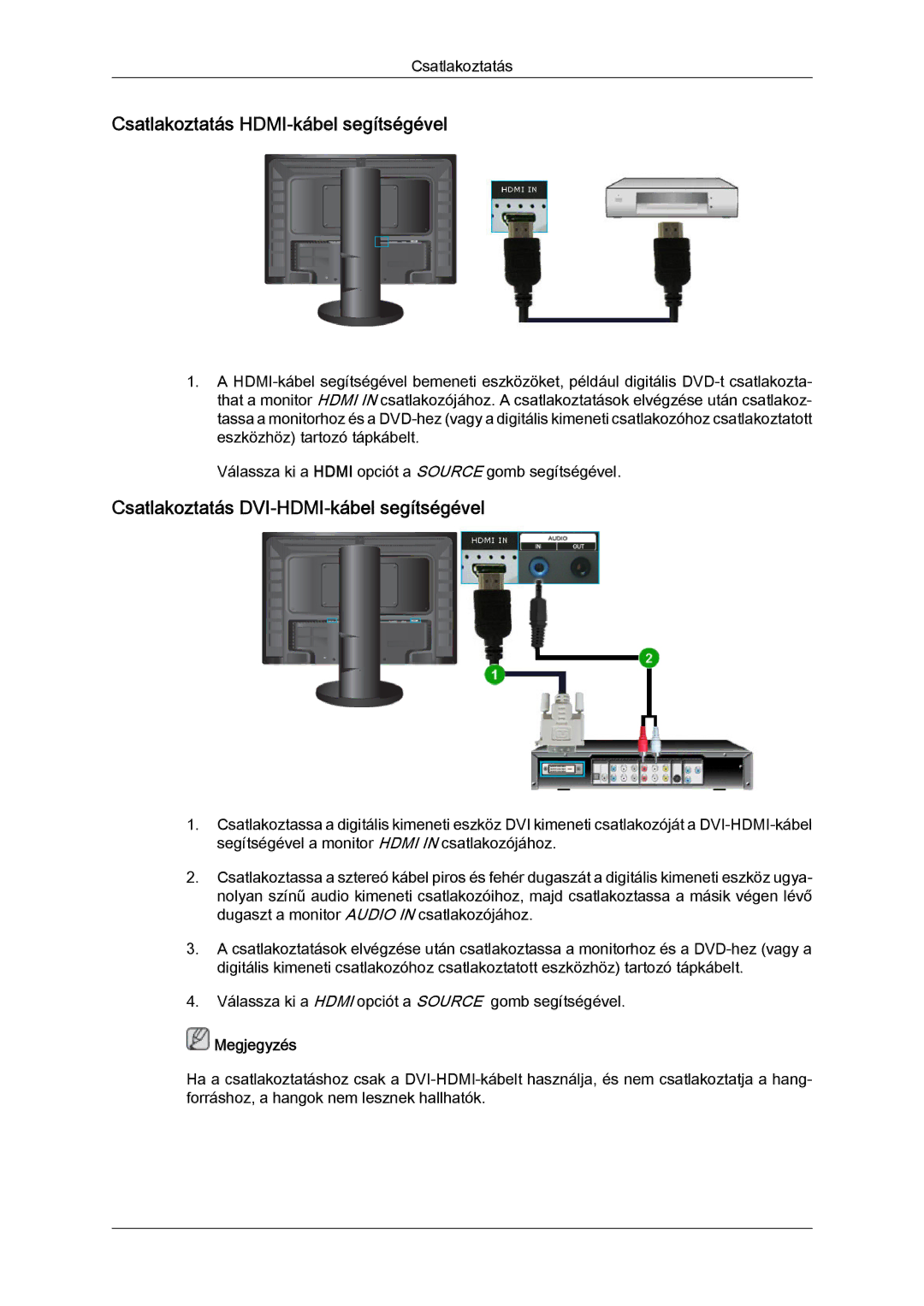 Samsung LS24KIQRBQ/EN, LS24KIQRFV/EDC Csatlakoztatás HDMI-kábel segítségével, Csatlakoztatás DVI-HDMI-kábel segítségével 