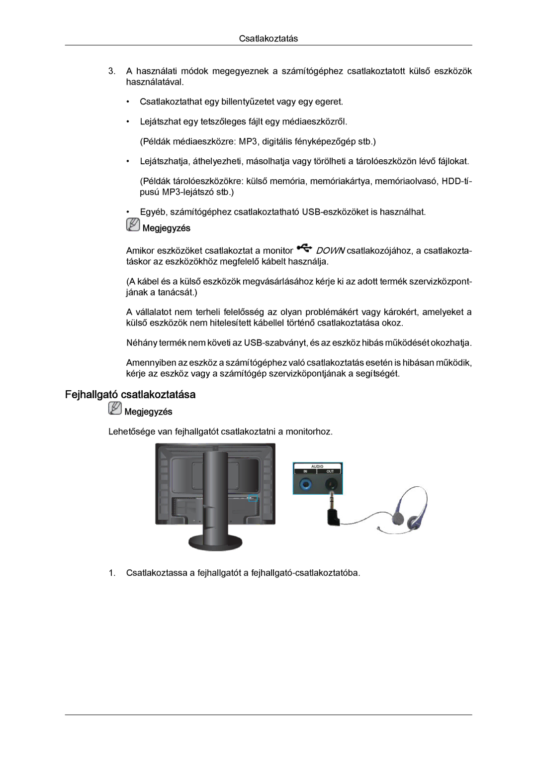 Samsung LS24KIQRFV/EDC, LS24KIQRBQ/EN, LS24KIVKBQ/EDC manual Fejhallgató csatlakoztatása 