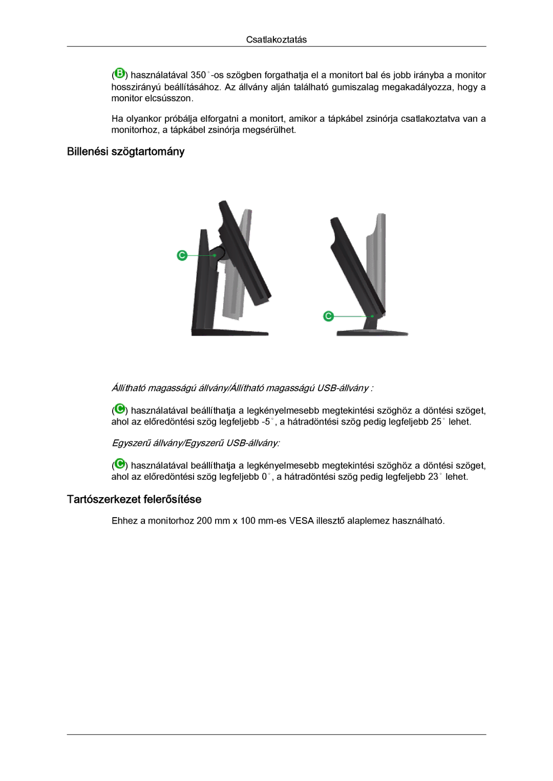 Samsung LS24KIVKBQ/EDC, LS24KIQRFV/EDC, LS24KIQRBQ/EN manual Billenési szögtartomány, Tartószerkezet felerősítése 