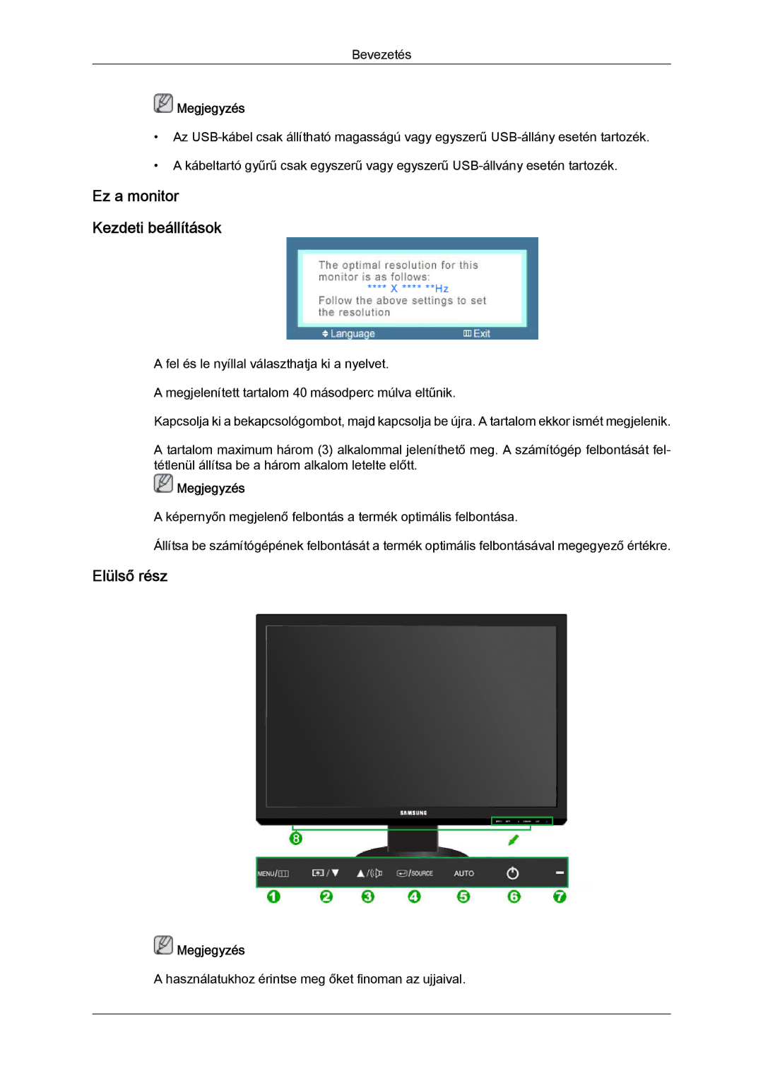 Samsung LS24KIQRBQ/EN, LS24KIQRFV/EDC, LS24KIVKBQ/EDC manual Ez a monitor Kezdeti beállítások, Elülső rész 