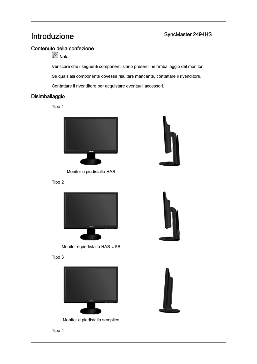 Samsung LS24KIQRFV/EDC, LS24KIVKBQ/EDC manual Introduzione, SyncMaster 2494HS Contenuto della confezione, Disimballaggio 