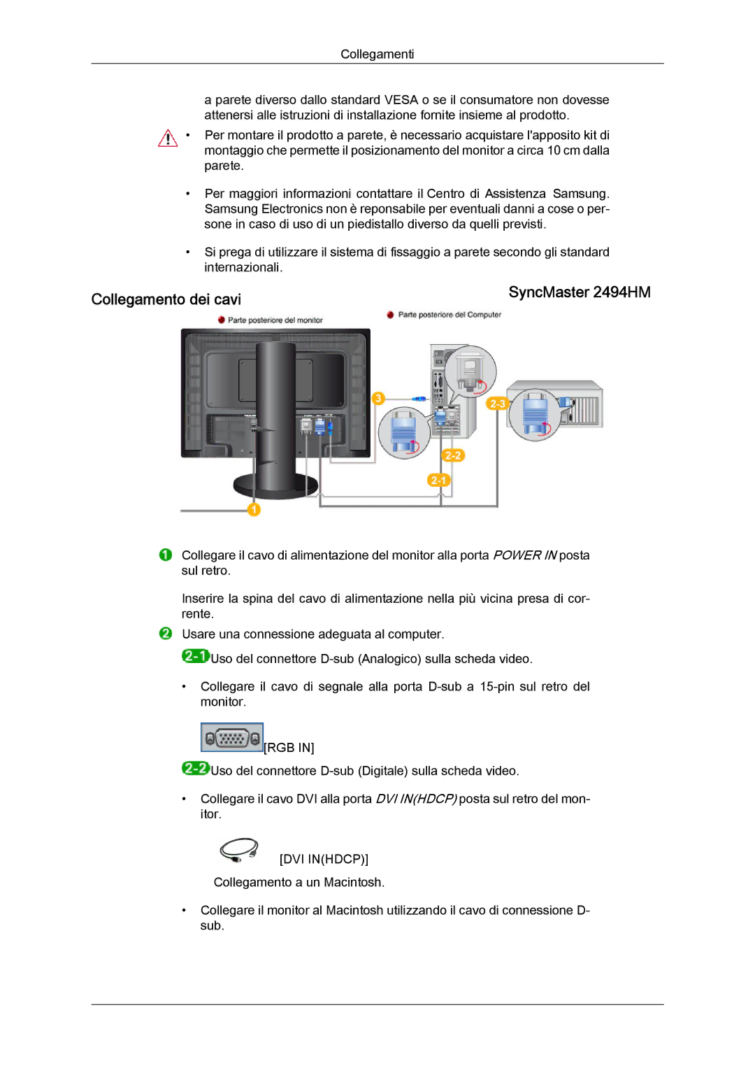 Samsung LS24KIVKBQ/EDC, LS24KIQRFV/EDC manual Collegamento dei cavi 