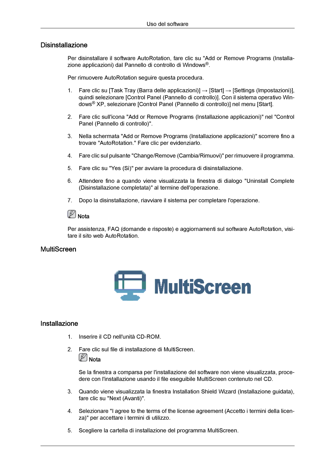 Samsung LS24KIVKBQ/EDC, LS24KIQRFV/EDC manual Disinstallazione, MultiScreen Installazione 