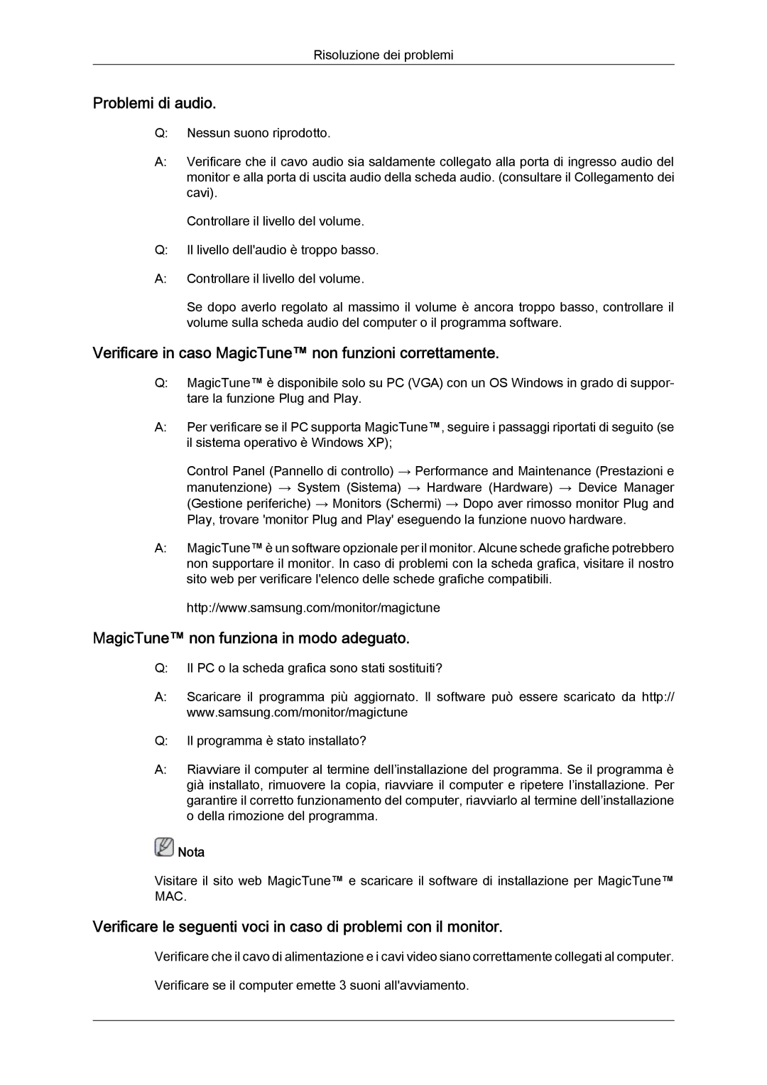 Samsung LS24KIVKBQ/EDC, LS24KIQRFV/EDC manual Problemi di audio, Verificare in caso MagicTune non funzioni correttamente 