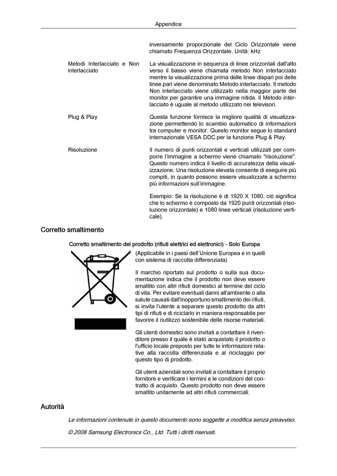 Samsung LS24KIQRFV/EDC, LS24KIVKBQ/EDC manual Corretto smaltimento, Autorità 