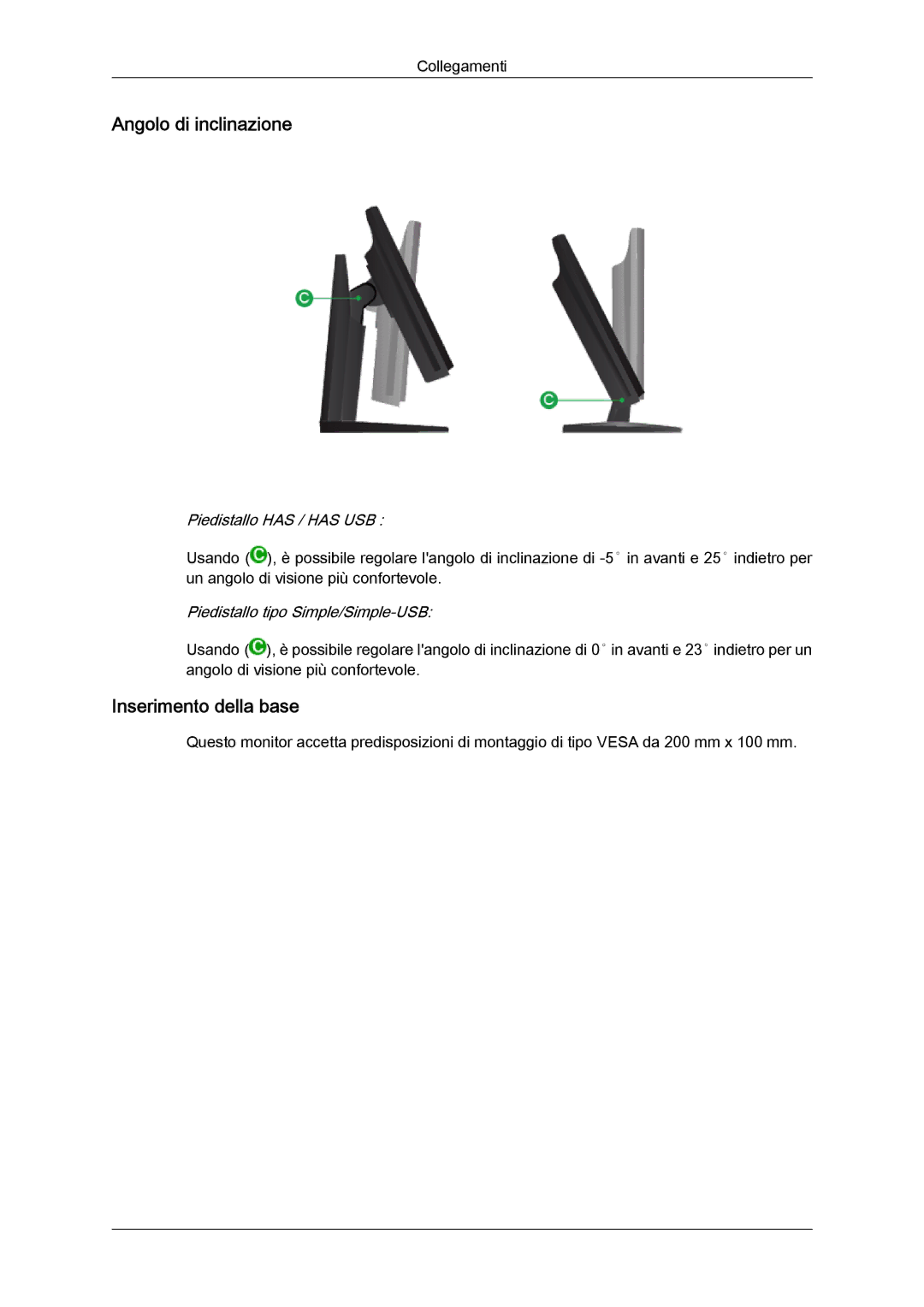 Samsung LS24KIQRFV/EDC, LS24KIVKBQ/EDC manual Angolo di inclinazione, Inserimento della base 